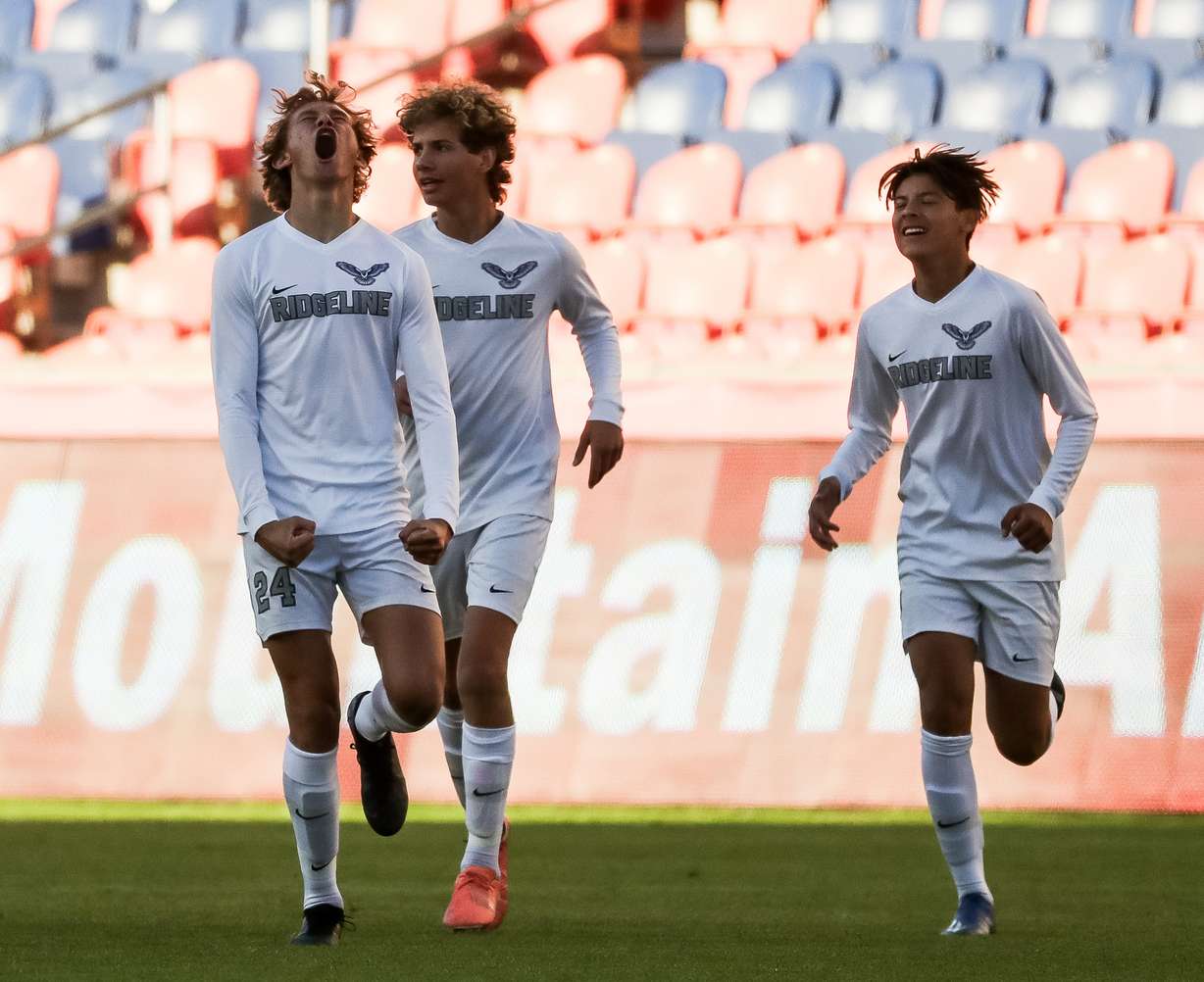 Ridgeline's Grady Workman celebrates after scoring in the 4A boys soccer championship against Stansbury at Rio Tinto Stadium in Sandy on Tuesday, May 18, 2021.