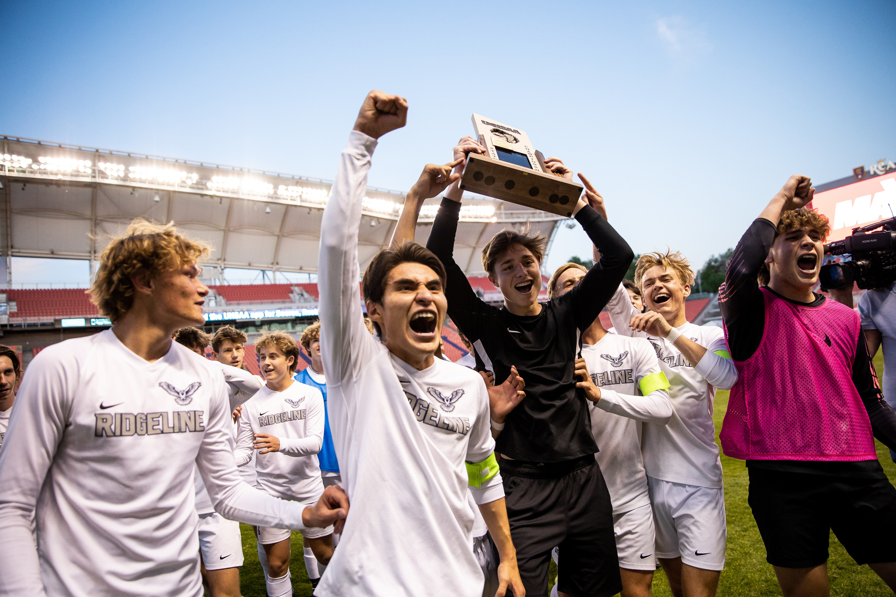 Ridgeline celebrates their win over Stansbury in the 4A boys soccer championship at Rio Tinto Stadium in Sandy on Tuesday, May 18, 2021.