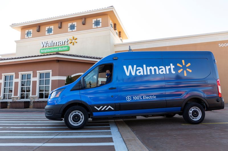 FILE PHOTO: A Walmart electric van used for grocery delivery outside a Walmart Neighborhood Market in Rogers, Arkansas, U.S. Jan. 12, 2021. Picture taken Jan. 12, 2021.   Beth Hall/Handout via REUTERS