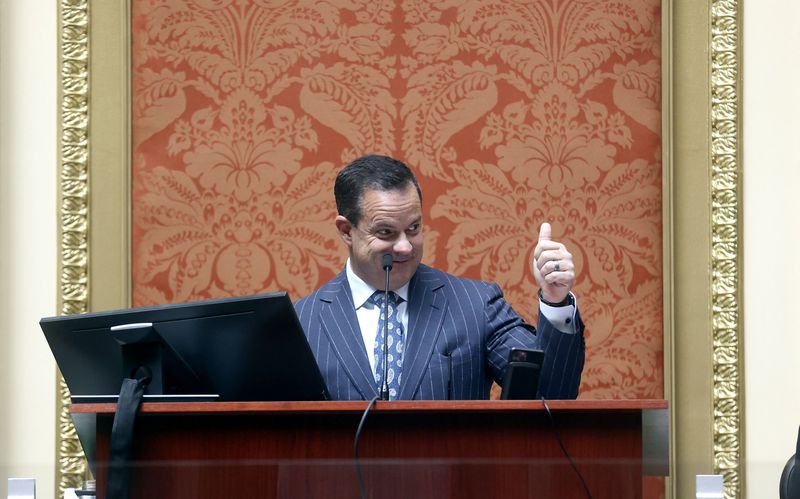 House Speaker Brad Wilson, R-Kaysville, gives a thumbs
up during a special session of the Legislature at the Capitol in
Salt Lake City on Wednesday, May 19, 2021.