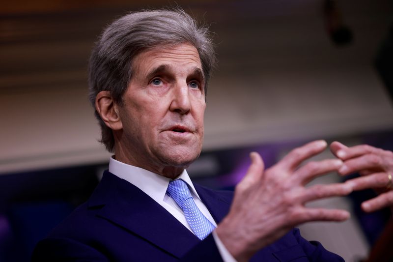 FILE PHOTO: John Kerry, Special Presidential Envoy for Climate, delivers remarks during a press briefing at the White House in Washington, U.S., April 22, 2021. REUTERS/Tom Brenner