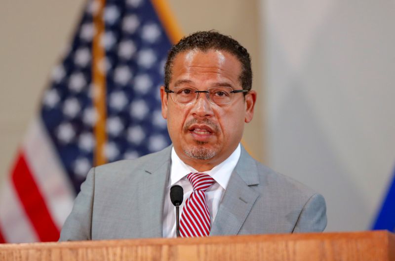 FILE PHOTO: Minnesota Attorney General Keith Ellison announces upgraded charges against former Minneapolis police officer Derek Chauvin and charges against three other former police officers involved in the death of George Floyd in police custody, in St. Paul, Minnesota, U.S. June 3, 2020. REUTERS/Eric Miller