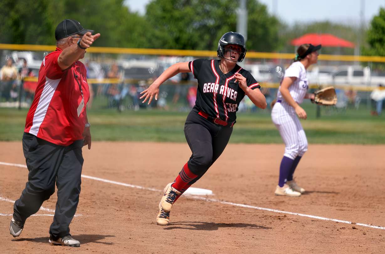 Bear River's McCall Maxfield heads for home as the Bears and Tooele play for the 4A championship in softball in Spanish Fork on Saturday, May 22, 2021. Bear River won both games.
