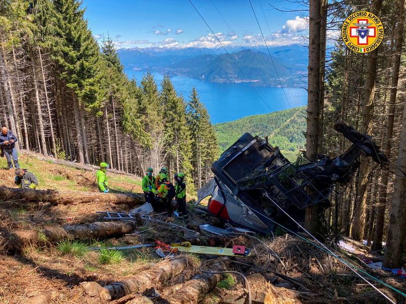 A crashed cable car is seen after it collapsed in Stresa, near Lake Maggiore, Italy May 23, 2021. ALPINE RESCUE SERVICE/Handout via REUTERS