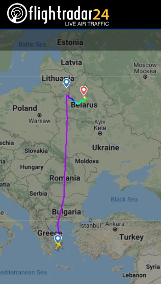 A still image shows a flight path of Ryanair FR4978 on May 23, 2021 on its way from Athens, Greece to Lithuanian capital Vilnius and diverted to Minsk, Belarus, obtained by Reuters on May 24, 2021.