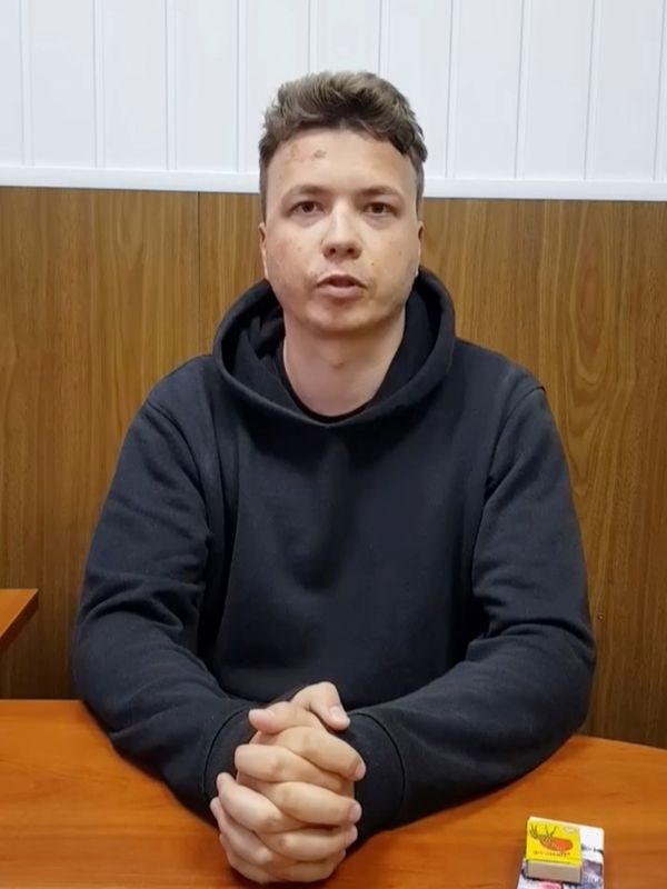 Belarusian blogger Roman Protasevich, detained when a Ryanair plane was forced to land in Minsk, is seen in a pre-trial detention facility, as he says, in Minsk, Belarus May 24, 2021 in this still image taken from video.