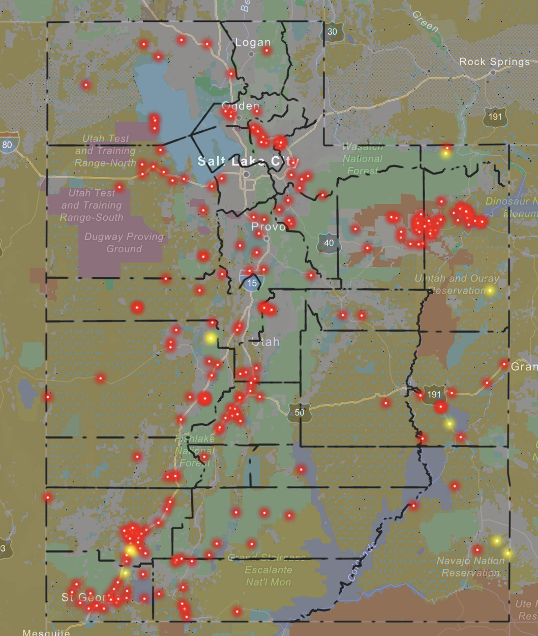 This map, created by the Bureau of Land Management and Utah Division of Forestry, Fires and State Lands, shows the location of all of Utah's 245 wildfires in 2021 as of the morning of Monday, May 26, 2021. The red dots are human-caused fires and the yellow dots are naturally-caused fires.