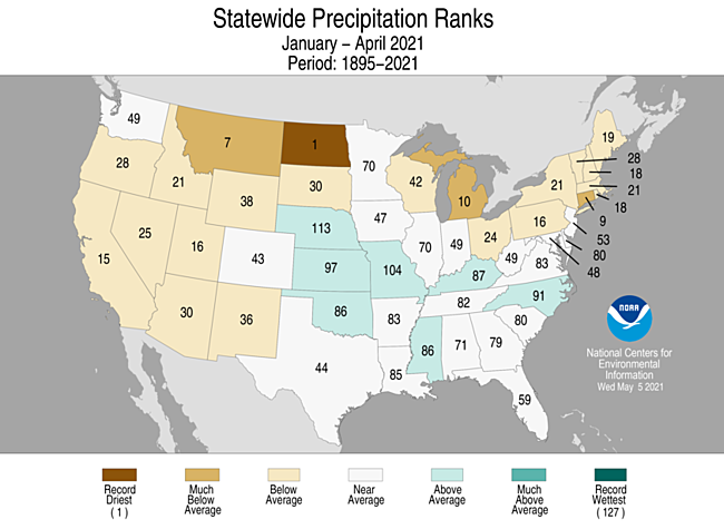 This map, created by the National Oceanic and Atmospheric Administration's National Centers for Environmental Information, shows the 2021 precipitation totals for each state based on where that total ranks in that state's history through April 2021. It lists Utah as having the 16th-driest total from January through April on record.
