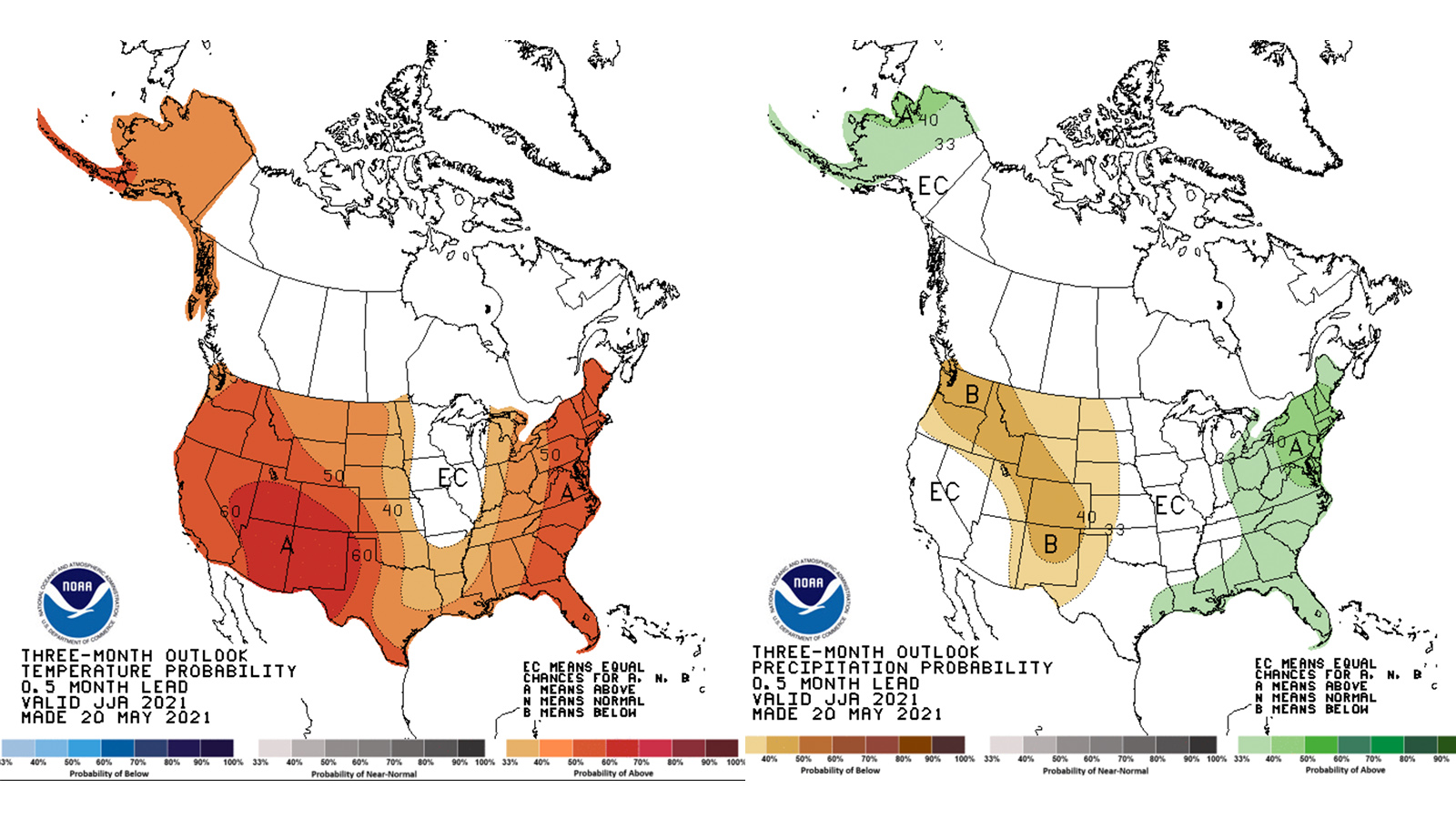 These maps, created by the National Weather Service Climate Prediction Center, show the probability for above or below average temperatures and precipitation in the U.S. for June, July and August 2021. The temperature map is on the left and the precipitation map is on the right.