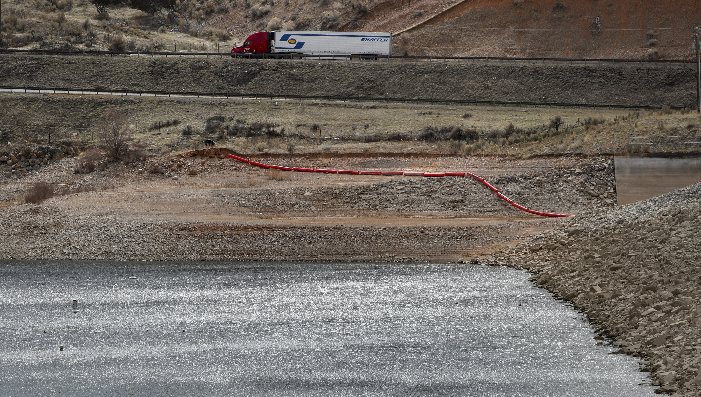 Low water levels at Echo Reservoir near Coalville have exposed more shoreline ion Monday, March 29, 2021.