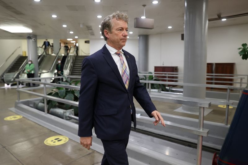 FILE PHOTO: U.S. Senator Rand Paul (R-KY) departs at the end of Day Four of the impeachment trial of former U.S. President Donald Trump at the U.S. Capitol in Washington, U.S. February 12, 2021.  REUTERS/Jonathan Ernst