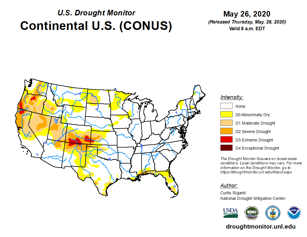 The U.S. Drought Monitor is jointly produced by the National Drought Mitigation Center at the University of Nebraska-Lincoln, the United States Department of Agriculture, and the National Oceanic and Atmospheric Administration. Map courtesy of NDMC.