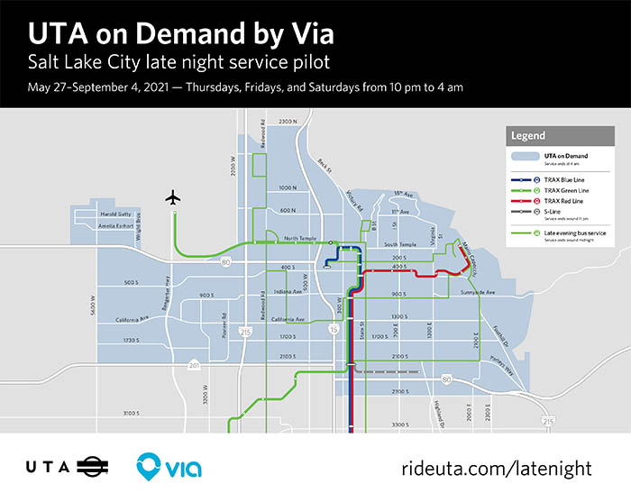 This map shows, created by the Utah Transit Authority, shows the service area of the "UTA on Demand by Via" pilot program. The service will be available 10 p.m. to 4 a.m. Thursdays, Fridays and Saturday beginning Thursday, May 27, 2021.