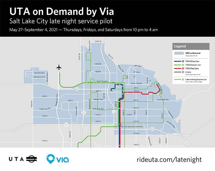 This map shows, created by the Utah Transit Authority, shows the service area of the "UTA on Demand by Via" pilot program. The service will be available 10 p.m. to 4 a.m. Thursdays, Fridays and Saturday beginning Thursday, May 27, 2021.