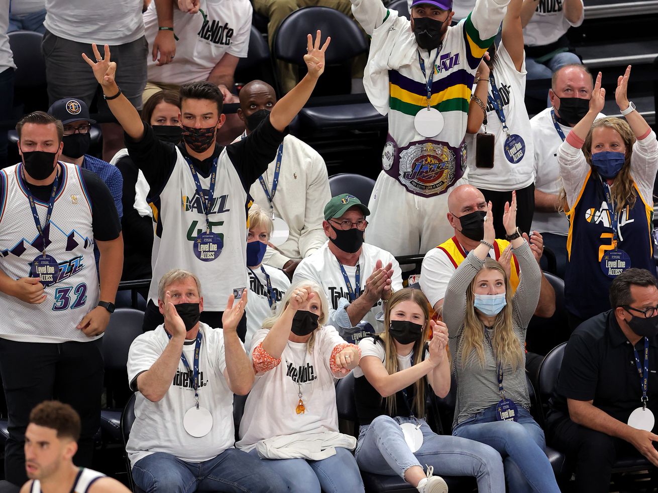 Fans erupt after Utah Jazz forward Georges Niang (31)
hit a 3-point shot as the Utah Jazz and the Memphis Grizzlies play
in Game 1 of their NBA playoff series at Vivint Arena in Salt Lake
City on Sunday, May 23, 2021. Memphis won 112-109.