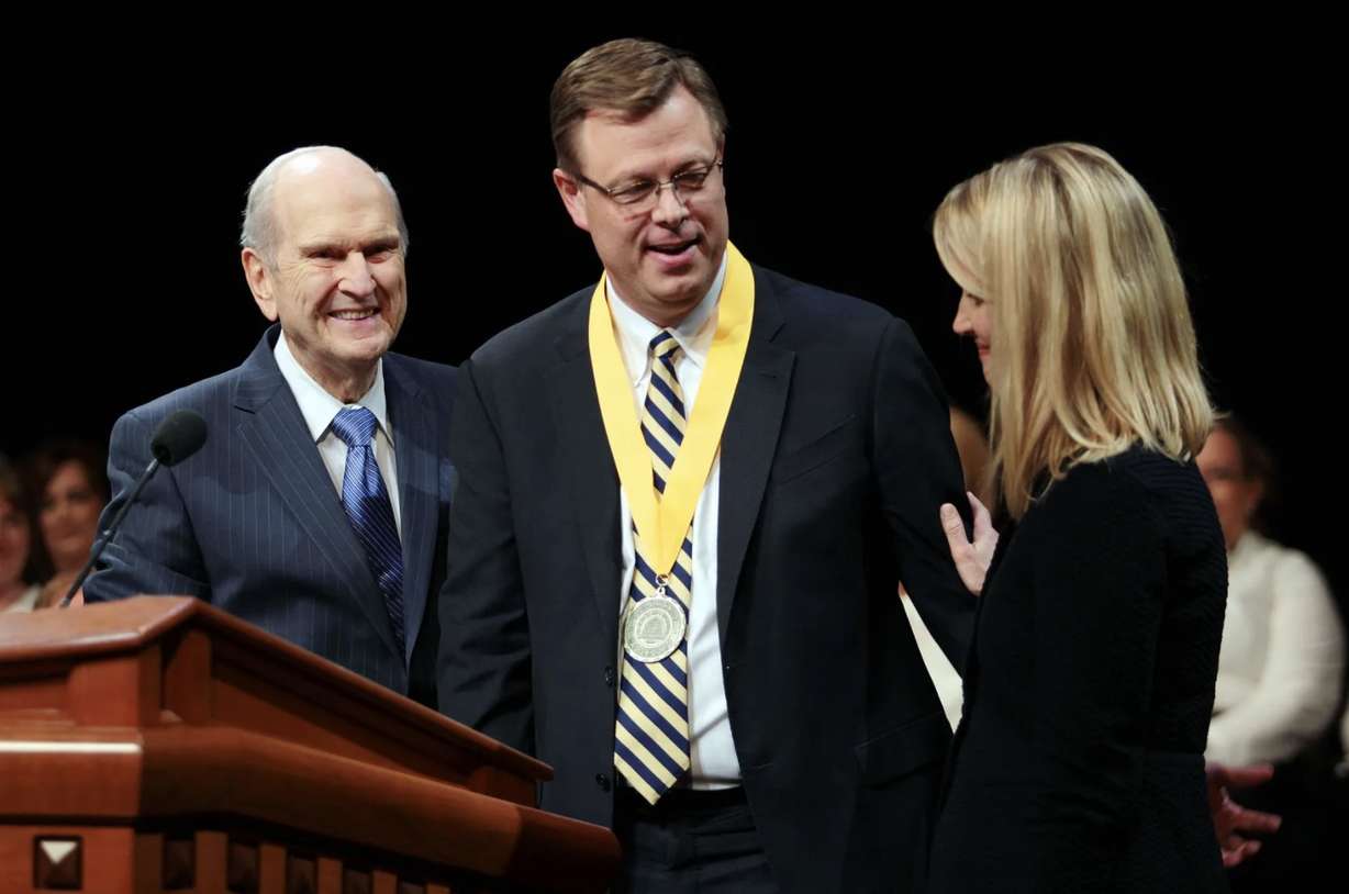 President Russell M. Nelson of the Quorum of the Twelve Apostles of The Church of Jesus Christ of Latter-day Saints installs Clark G. Gilbert as the first president of BYU-Pathway Worldwide at the Conference Center in Salt Lake City on Thursday, Nov. 16, 2017.
