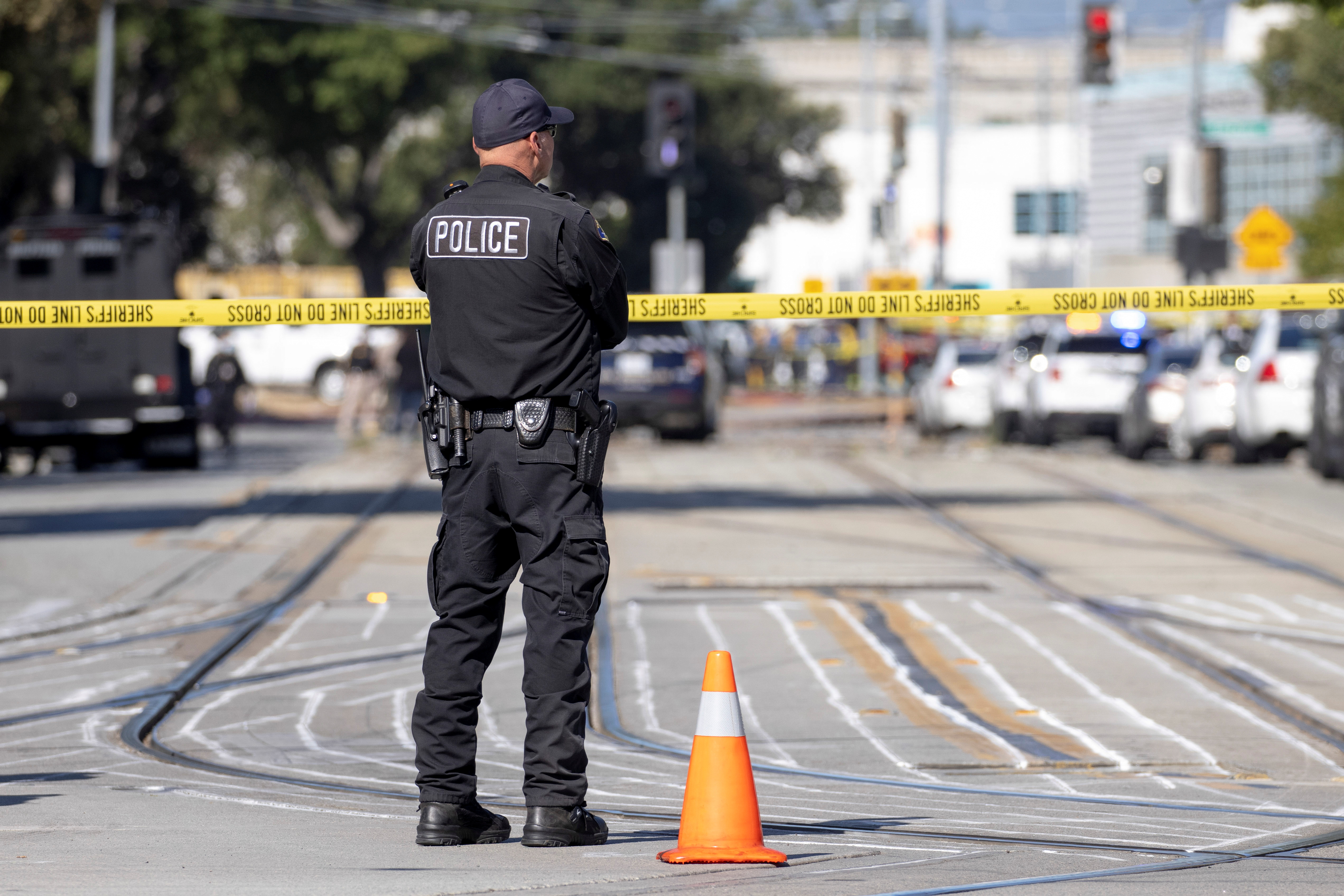 Police secure the scene of a mass shooting at a rail yard run by the Santa Clara Valley Transportation Authority in San Jose, California, on May 26, 2021.