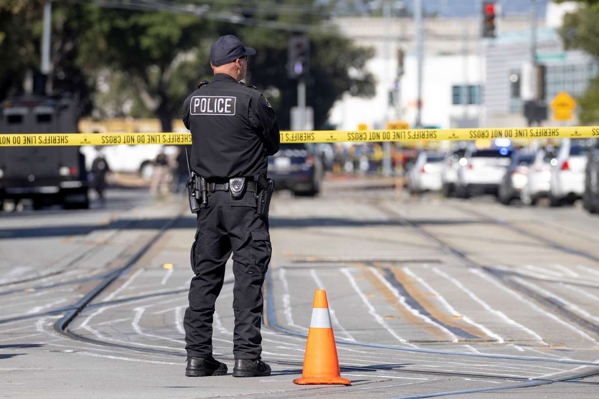 Police secure the scene of a mass shooting at a rail yard run by the Santa Clara Valley Transportation Authority in San Jose, California, on May 26, 2021.