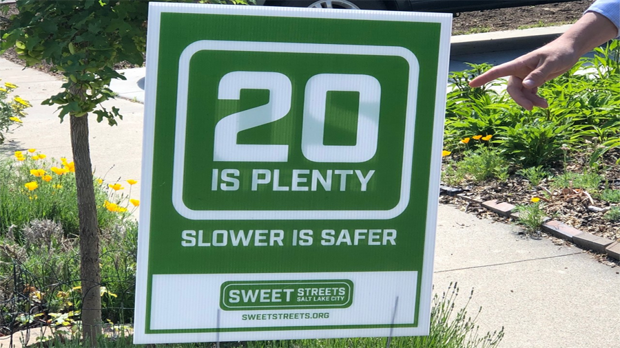 A "20 Is Plenty" lawn sign designed by the group Sweet Streets. The group handed out lawn signs at an event on Wednesday, May 26, 2021.