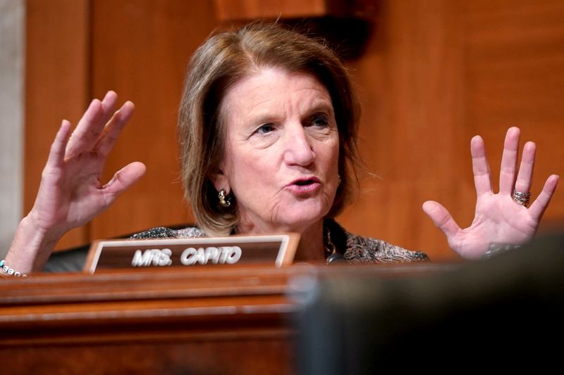FILE PHOTO: U.S. Sen. Shelley Moore Capito, R-W.Va., asks questions during a Senate Appropriations Subcommittee hearing to examine the FY 2022 budget request for the Centers for Disease Control and Prevention in the Dirksen Senate Office Building in Washington, U.S. May 19, 2021.  Greg Nash/Pool via REUTERS/File Photo