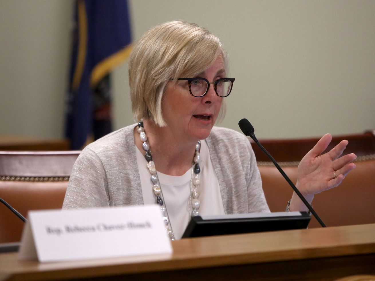 Former state Rep. Becky Edwards speaks at a Women in
the Economy Commission meeting in the House Building on Utah’s
Capitol Hill in Salt Lake City on April 3, 2018. Edwards announced
Thursday, May 27, 2021, that she will challenge GOP Sen. Mike Lee
in 2022.