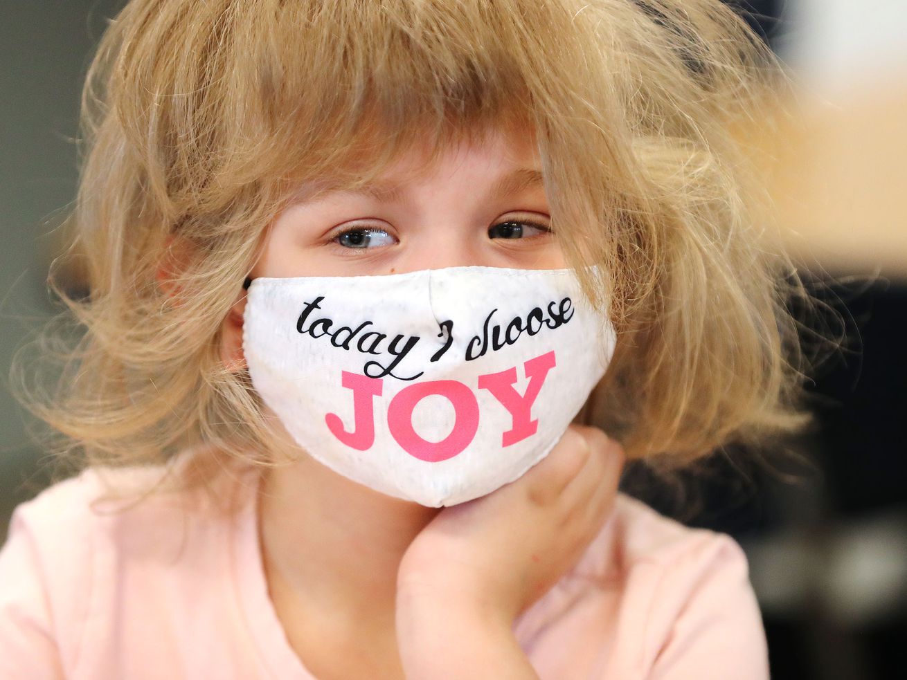 Kindergartner Arya Cardinelle wears a mask in class at
Woodrow Wilson Elementary School in Salt Lake City on
Wednesday, May 12, 2021.