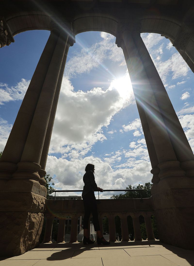 Salt Lake City Mayor Erin Mendenhall stands on a
balcony at the City-County Building on Wednesday, May 26, 2021, as
she reflects on the year since George Floyd’s killing and the
social unrest that ensued.