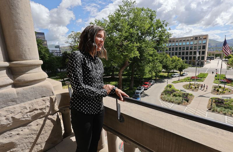 Salt Lake City Mayor Erin Mendenhall stands on a
balcony at the City-County Building on Wednesday, May 26, 2021, as
she reflects on the year since George Floyd’s killing and the
social unrest that ensued.