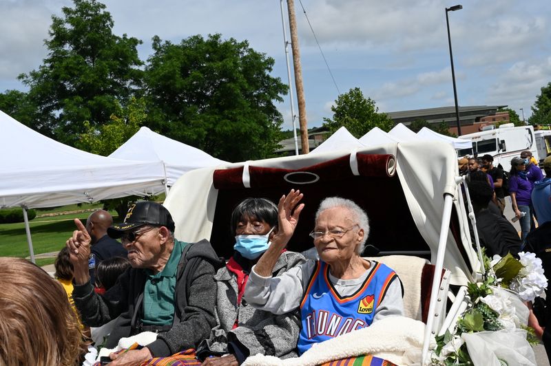 Hughes Van Ellis, 100, Lessie Benningfield Randle, 106, also known as Mother Randle, and Viola Fletcher, 107, the oldest living survivor of the Tulsa Race Massacre and older sister of Van Ellis, attend the Black Wall Street Legacy Festival 2021 in Tulsa, Oklahoma, U.S., May 28, 2021. REUTERS/Polly Irungu