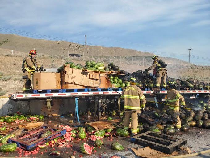 Trailer hauling watermelons caught on fire on Friday.