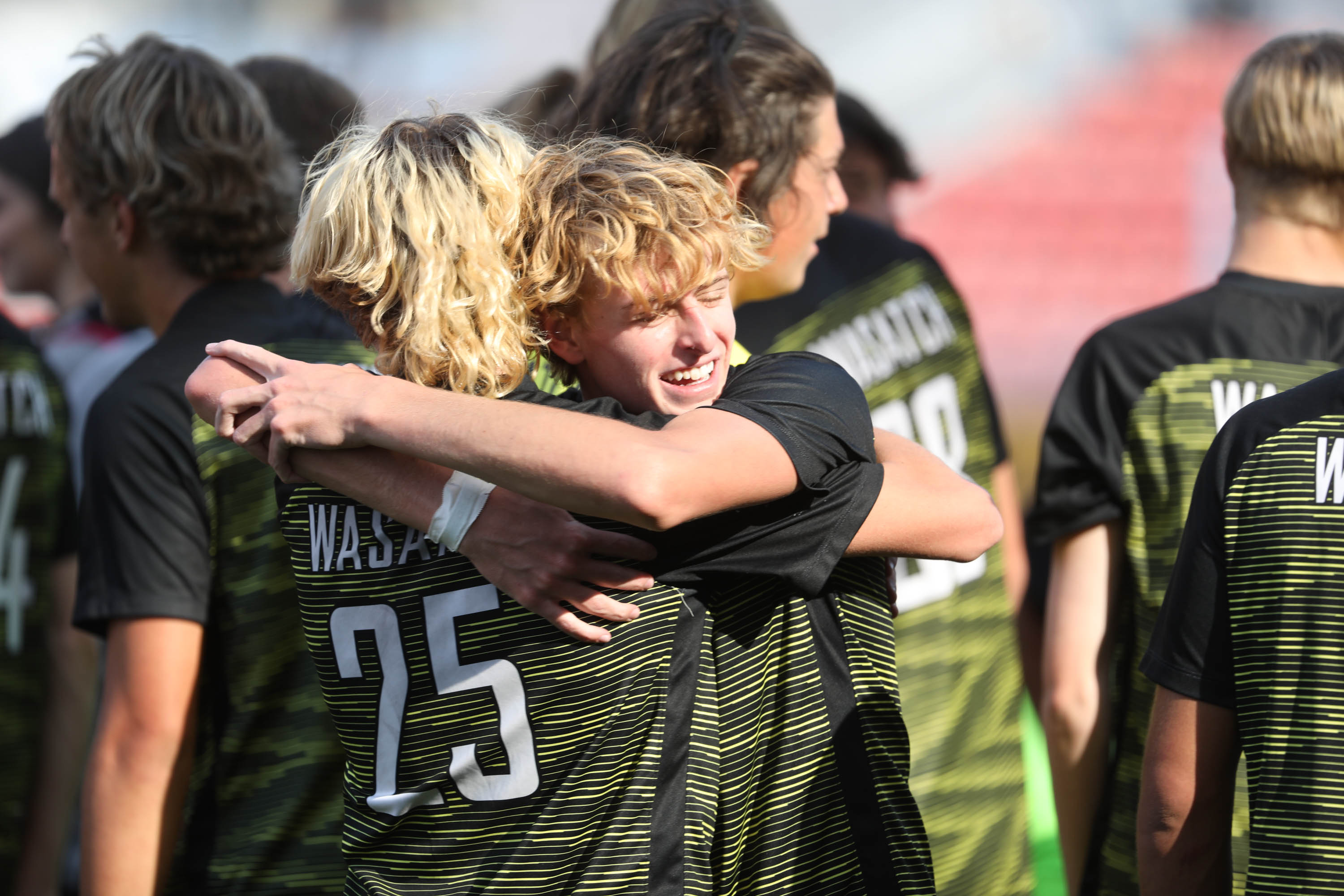 The Wasatch Wasps cheer after winning the 5A soccer championship game against the Skyline Eagles at Rio Tinto Stadium in Sandy on Friday, May 28, 2021.