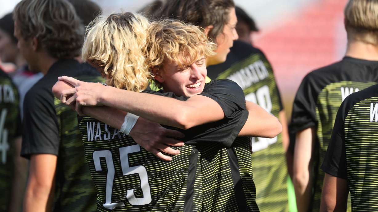 The Wasatch Wasps cheer after winning the 5A soccer championship game against the Skyline Eagles at Rio Tinto Stadium in Sandy on Friday, May 28, 2021.