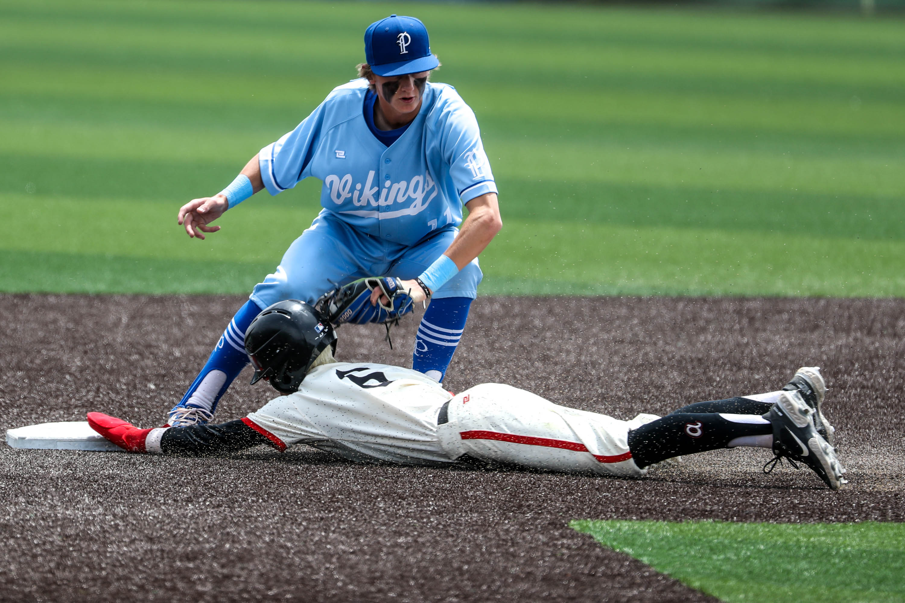 The Pleasant Grove Vikings face off against the American Fork Cavemen during game two of the 6A baseball championship at UCCU Ballpark in Orem on Saturday, May 29, 2021. The Cavemen won, 8-0.