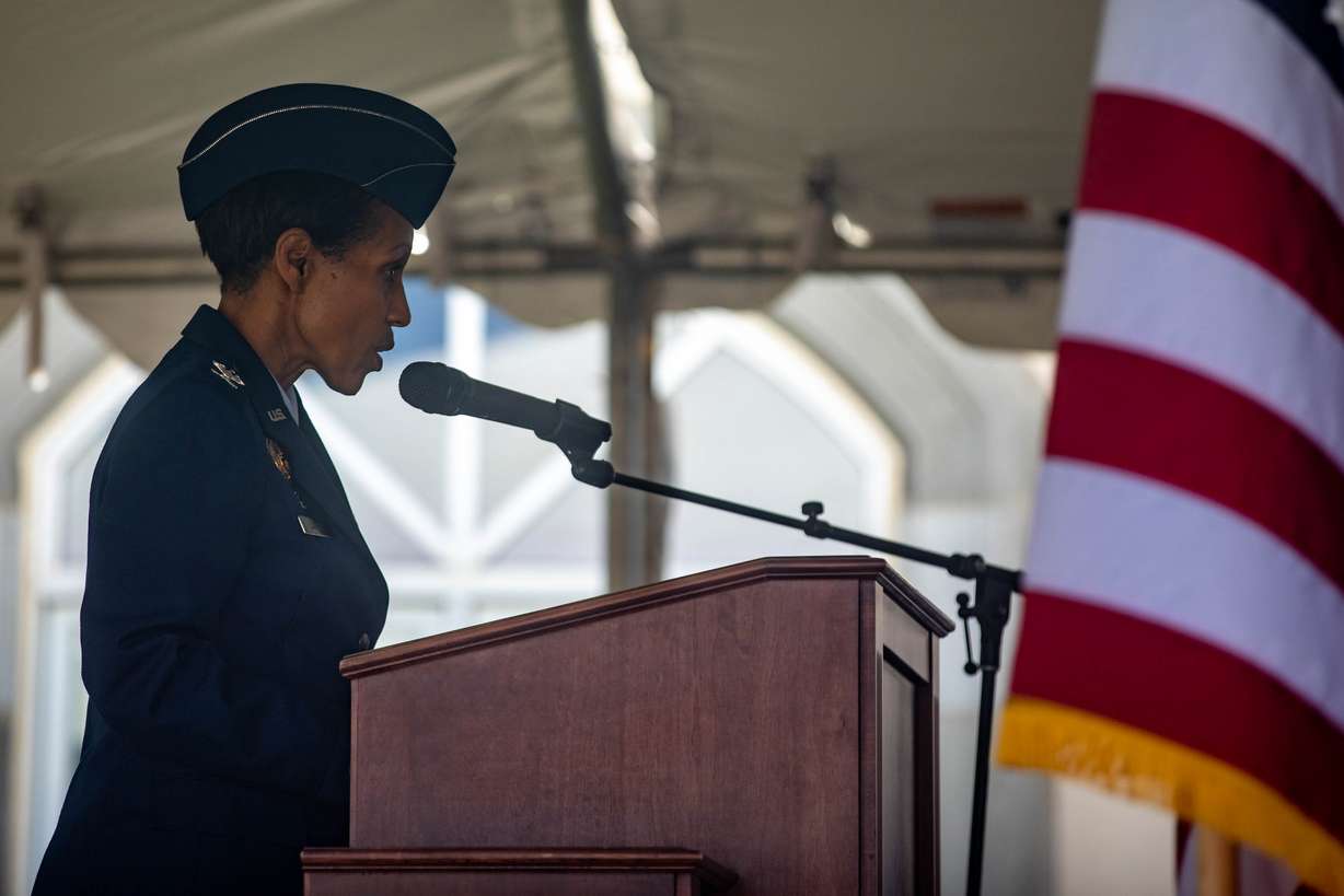 Col. Jenise M Carroll, commander, 75th Air Base Wing, Hill Air Force Base, speaks at Larkin Sunset Gardens Cemetery in Sandy on Monday, May 31, 2021.