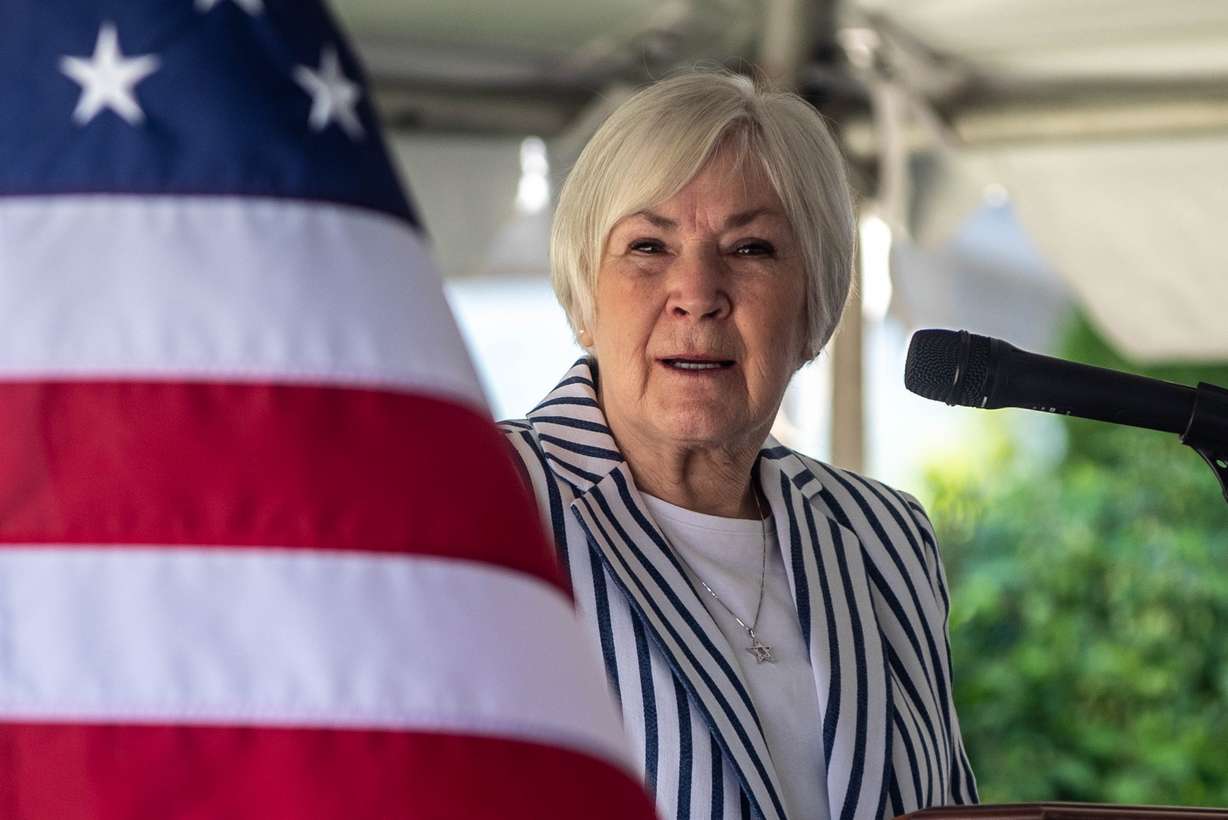 Gail Miller, owner and chairwoman of the Larry H. Miller Group of Companies, speaks at Larkin Sunset Gardens Cemetery in Sandy on Monday, May 31, 2021.
