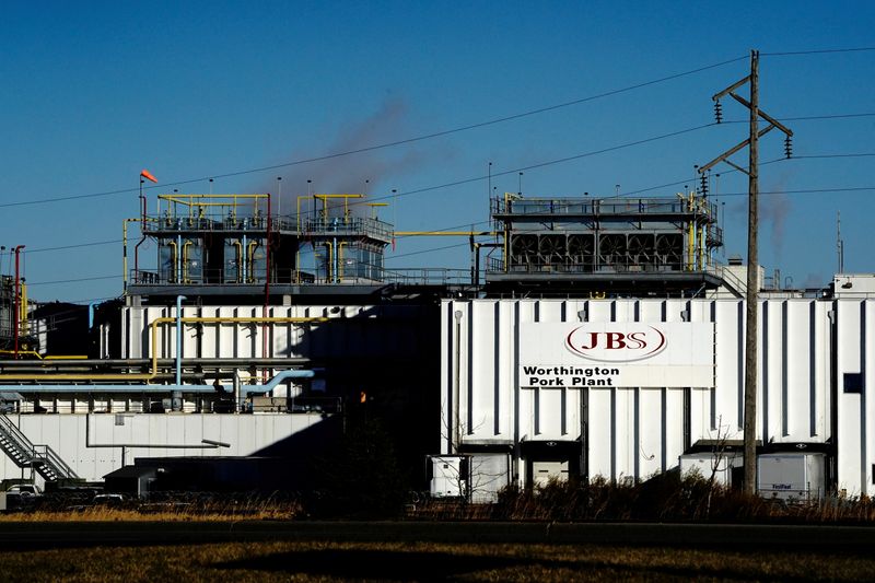 FILE PHOTO: A general view of the JBS USA Worthington pork plant, as the coronavirus disease (COVID-19) outbreak continues, in Worthington, Minnesota, U.S., October 28, 2020. REUTERS/Bing Guan/File Photo