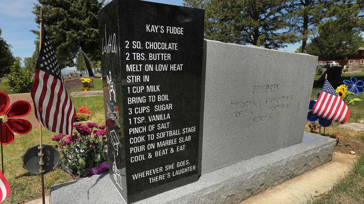 The headstone of Wade and Kathryn "Kay" Andrews, pictured in the Logan Cemetery in Logan on Tuesday, June 1, 2021, features Kathryn Andrews' fudge recipe on the back.