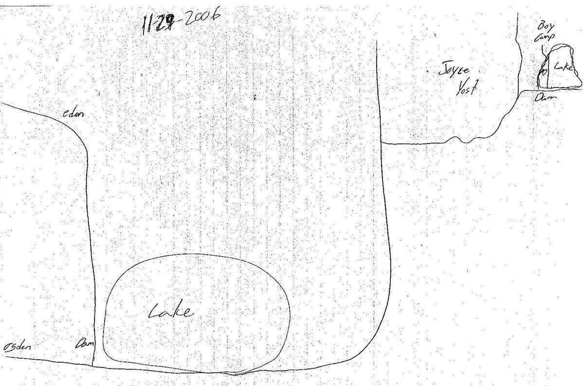 Jared Briggs provided this hand-drawn map to Weber County Attorney’s Office investigators, claiming it showed where Douglas Lovell had hidden the body of Joyce Yost. The circle labeled “Lake” at the bottom is Pineview Reservoir. The second circle in the upper-right represents Causey Reservoir.