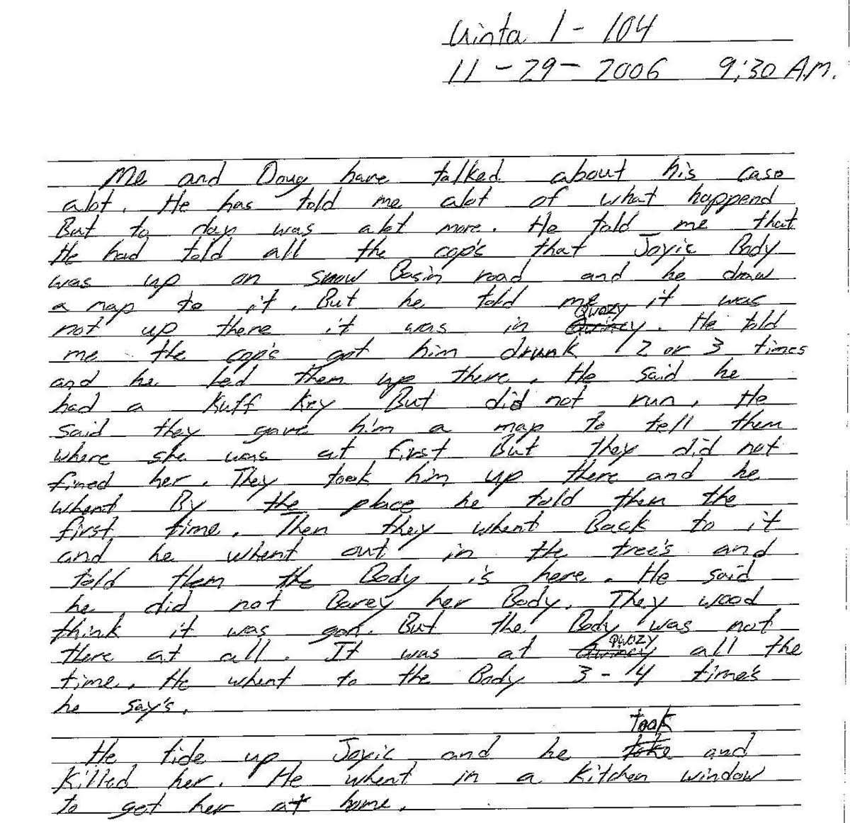 Jared Briggs provided handwritten notes to Weber County Attorney’s Office investigators, recording what Douglas Lovell had reportedly told him about the murder of Joyce Yost.