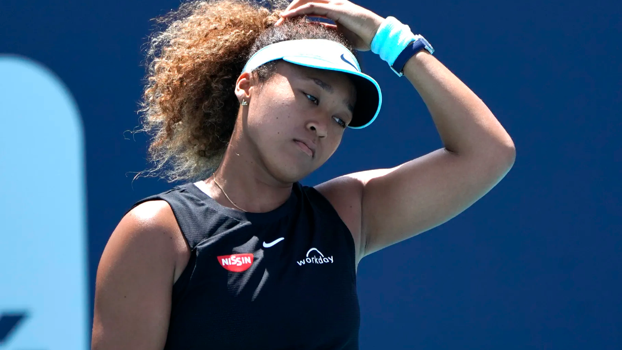 Naomi Osaka, of Japan, reacts during her match against Maria Sakkari, of Greece, in the quarterfinals of the Miami Open tennis tournament in Miami Gardens, Fla., in this March 31, 2021 photo. Naomi Osaka withdrew from the French Open on Monday, and wrote on Twitter that she would be taking a break from competition.
