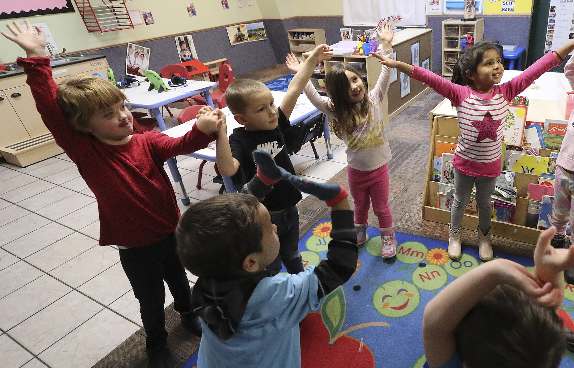 Preschool students play a game at A to Z Building Blocks in Orem on Wednesday, Dec. 16, 2020.