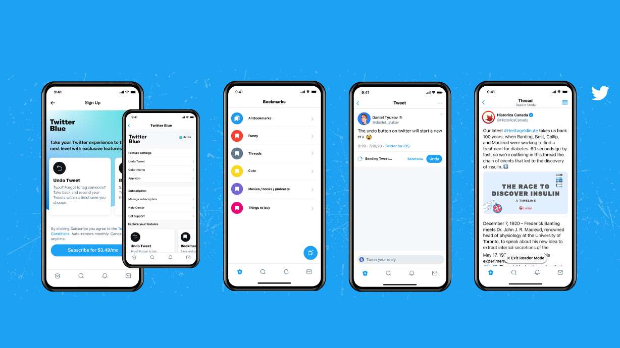 What Twitter Blue looks like including the features Bookmark Folders, Undo Tweet and Reader Mode