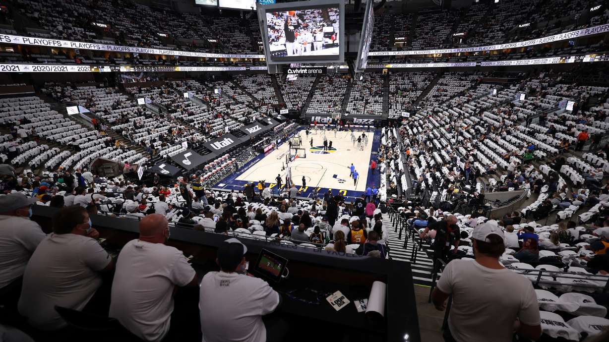 Fans watch warmups as the Utah Jazz and the Memphis Grizzlies prepare for Game 1 of their NBA playoff series at Vivint Arena in Salt Lake City on May 23.
