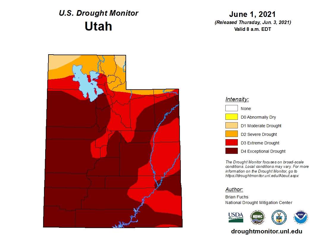 This map, released by the U.S. Drought Monitor on Thursday, June 3, 2021, shows that more than 60% of Utah is in an "exceptional" drought, based on soil samples and other conditions sampled in the state.