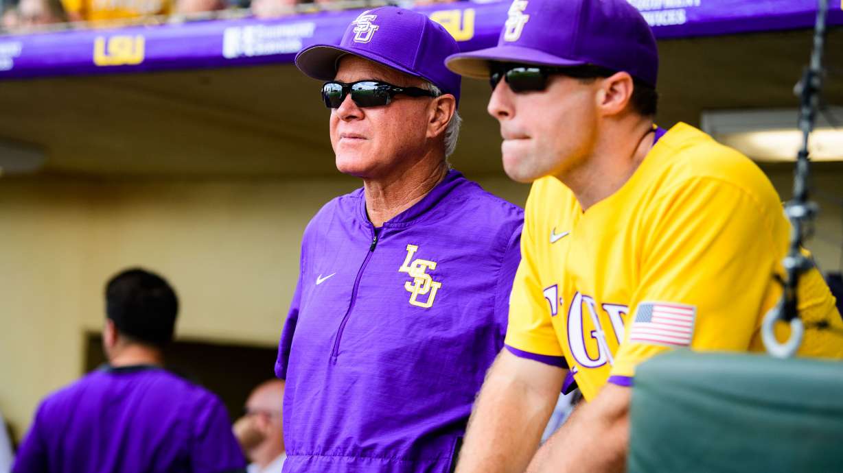 LSU baseball hitting coach Eddie Smith, right, with head coach Paul Mainieri against Alabama. Mainieri announced he will retire after 14 seasons with the Tigers, while Smith — who has been called "the Joe Brady of college baseball" — was named the fifth head coach in Utah Valley history Thursday, June 3, 2021.
Photo by: Gus Stark
