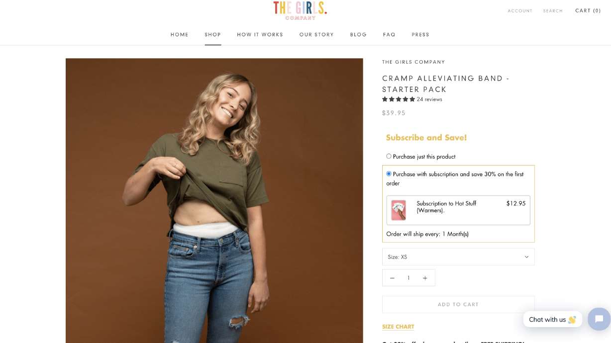 A screenshot of The Girls Company website shows a model wearing the company's cramp alleviating band. The band was developed by three Brigham Young University students and will be sold on Target.com beginning Sunday, June 6, 2021.