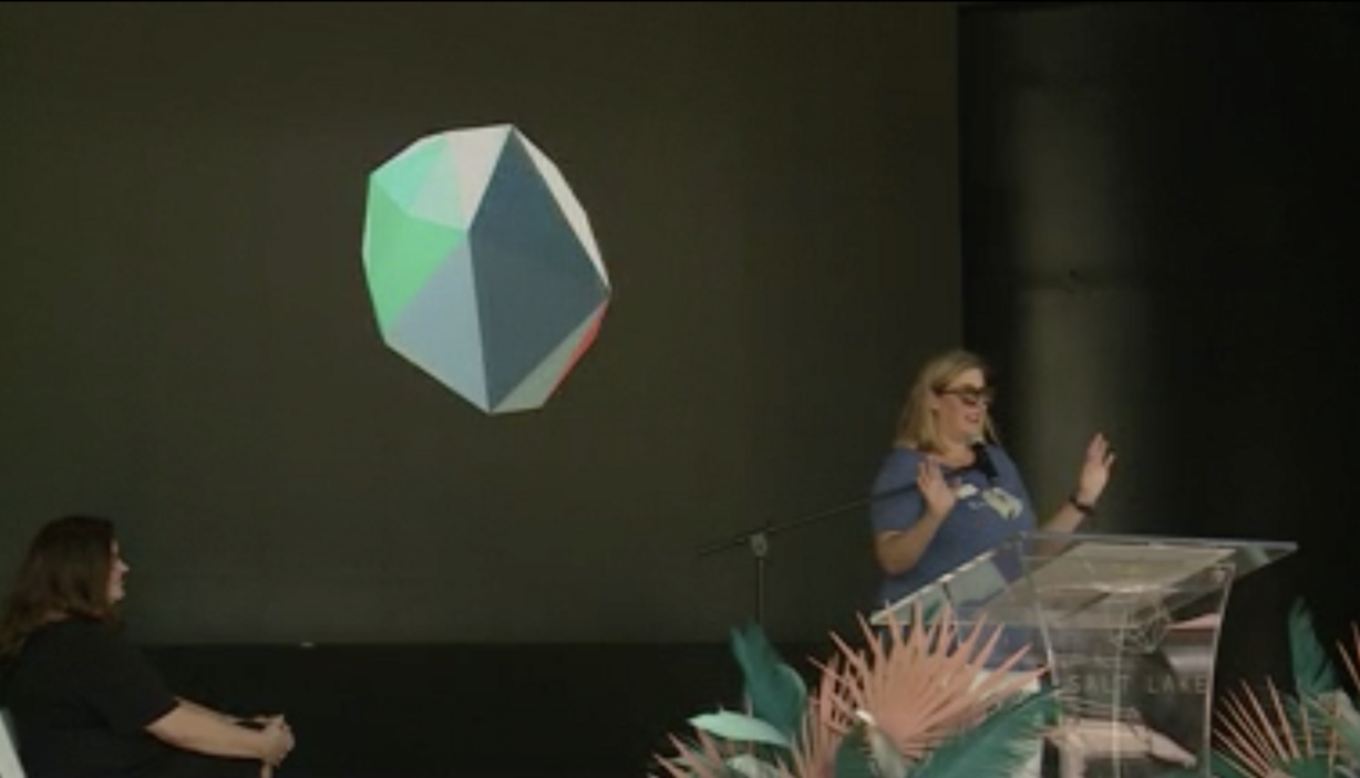 Kaitlin Eskelson, president and CEO of Visit Salt Lake President, speaks at a convention at Gallivan Plaza following the release of Salt Lake County's new brand campaign on Thursday, June 3, 2021.