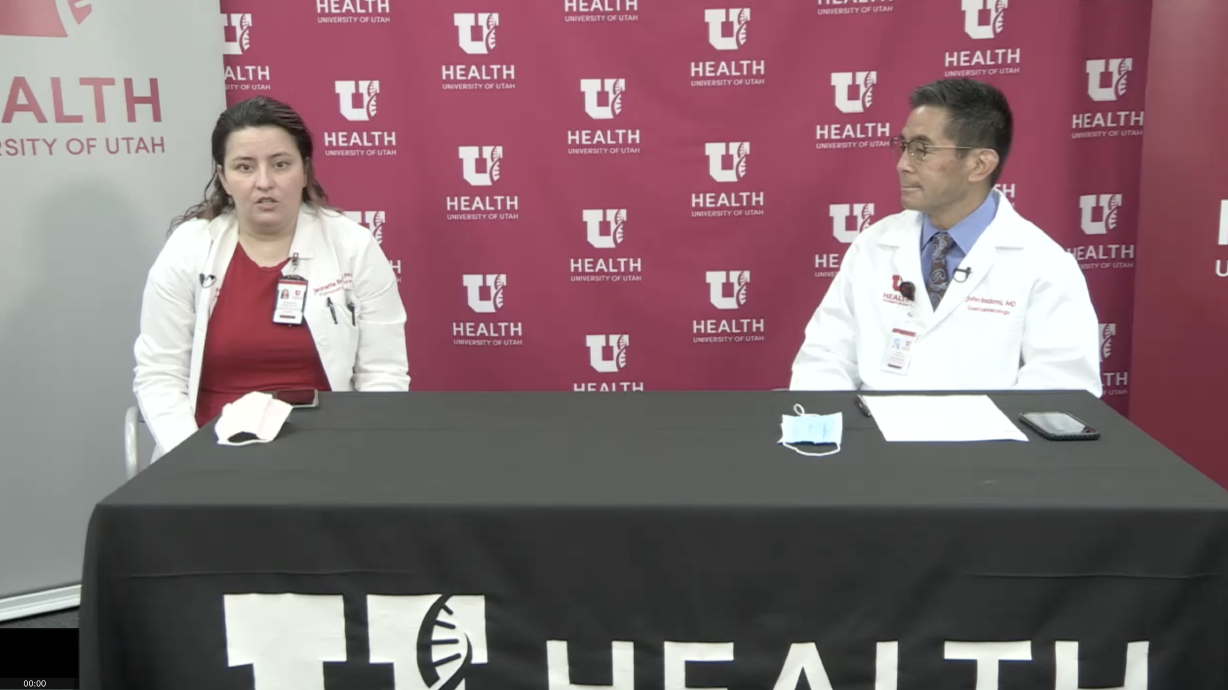 Dr. Jeanette Brown, left, a U. pulmonologist and medical director of University of Utah Health's COVID-19 Long-Hauler Clinic, and Dr. John Inadomi, chairman of the Department of Internal Medicine at the U., discuss the clinic at a press conference on Thursday, June 3, 2021.