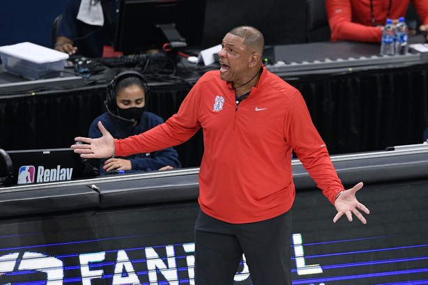 Philadelphia 76ers head coach Doc Rivers reacts during the first half of Game 4 in a first-round NBA basketball playoff series against the Washington Wizards, Monday, May 31, 2021, in Washington.