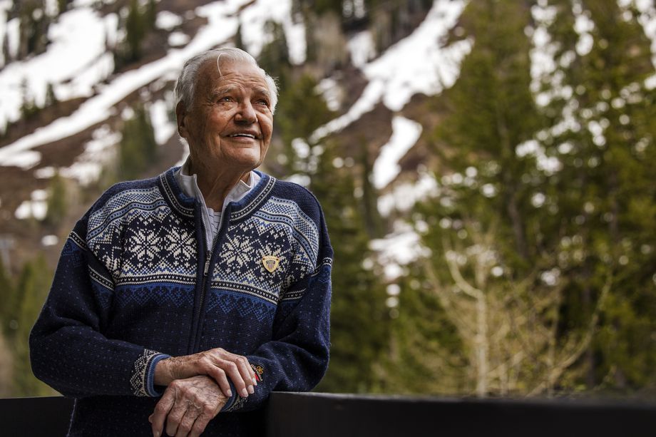 Junior Bounous looks up at the mountains as he poses for photos at Snowbird Lodge on Friday, May 21, 2021. Bounous recently set a Guinness World Record for heli-skiing at the age of 95.